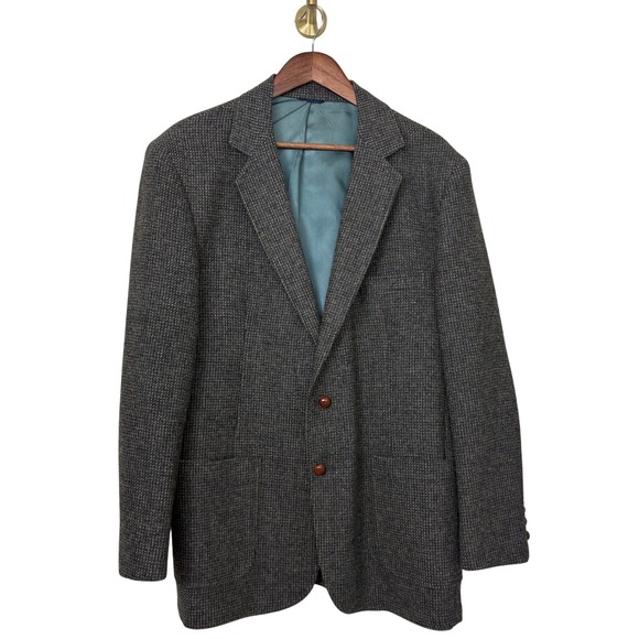 Univ Mens Shop VTG Tweed Blazer Sport Coat 44R Wool Elbow Patch‎ Gray Blue FLAW - Picture 1 of 16